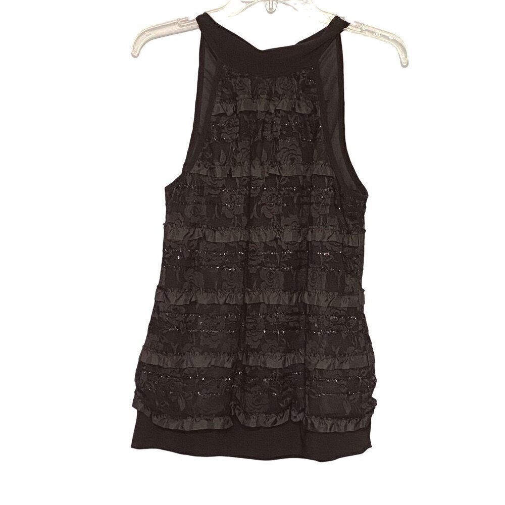 R & M Richards Dressy Black Halter Blouse Lace Ruffle Sparkle Women's Medium NWT